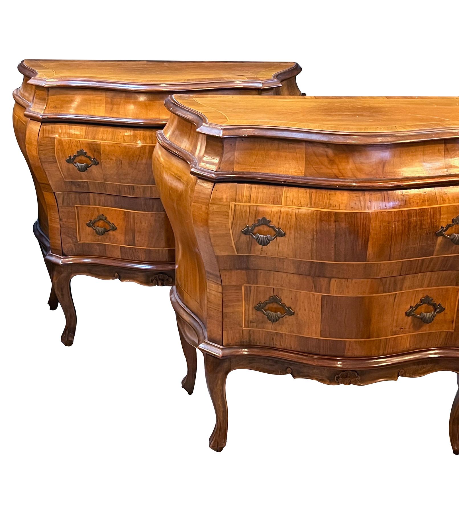 Pair Italian Rococo Style Bombe-form Two-Drawer Olivewood Chests/Nightstands For Sale 1