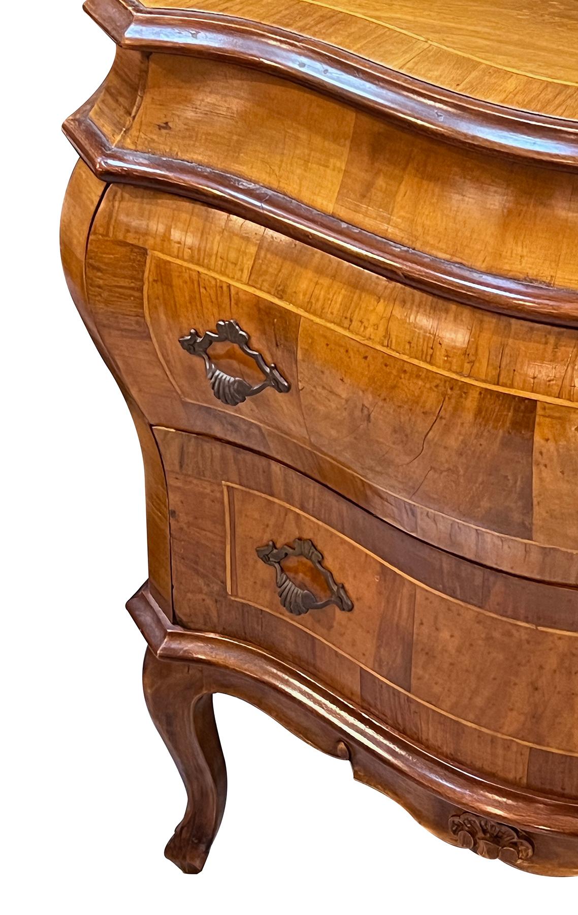 Pair Italian Rococo Style Bombe-form Two-Drawer Olivewood Chests/Nightstands For Sale 2