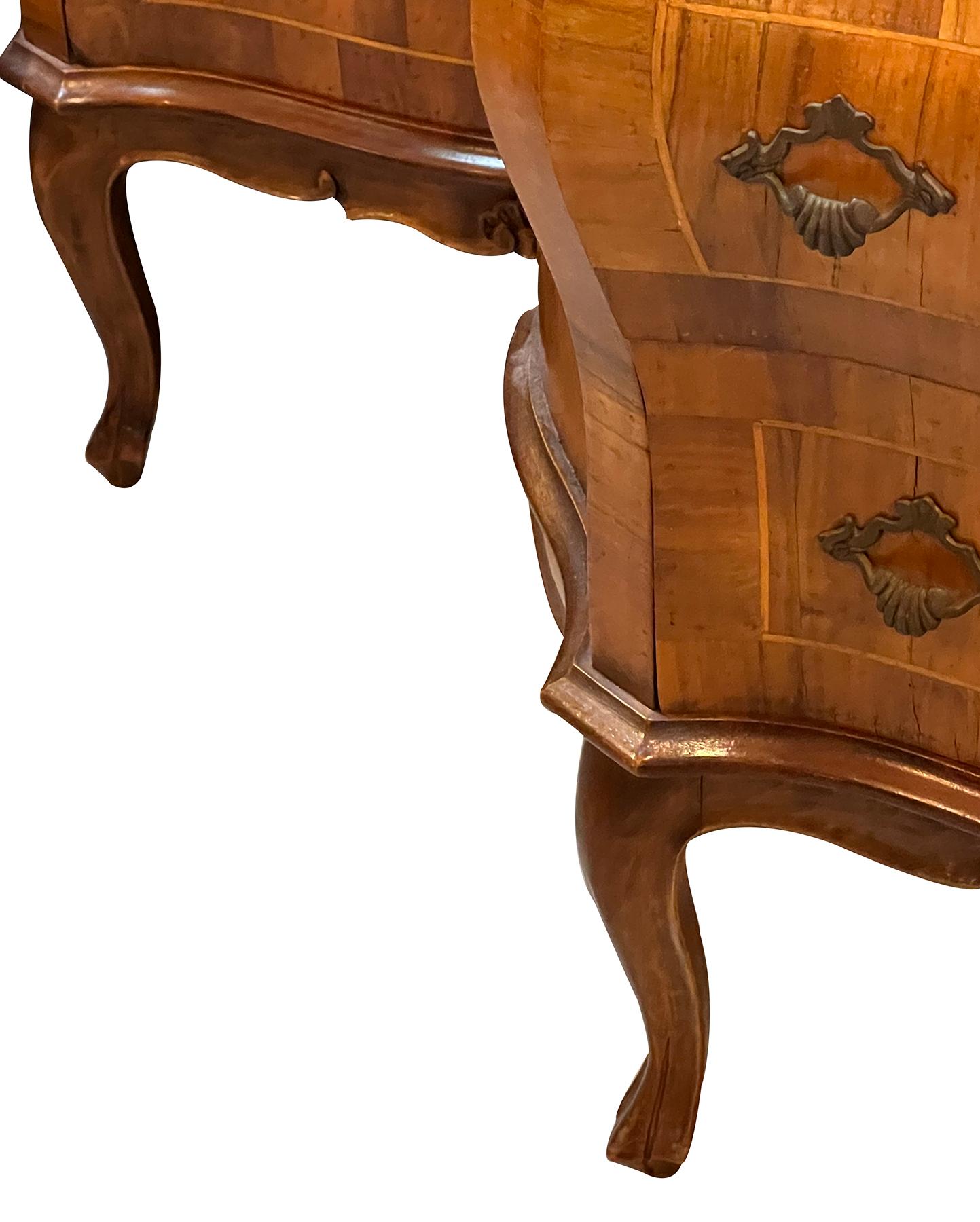 Pair Italian Rococo Style Bombe-form Two-Drawer Olivewood Chests/Nightstands For Sale 3