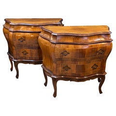 Pair Italian Rococo Style Bombe-form Two-Drawer Olivewood Chests/Nightstands
