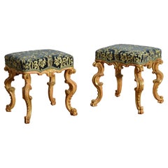 Pair Italian Rococo Style Carved Giltwood & Upholstered Benches, 2nd half 19thc