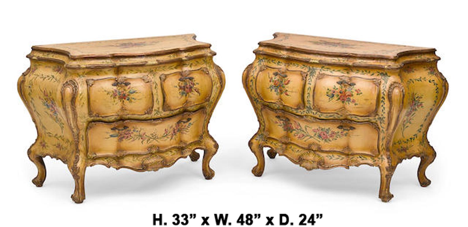 Pair of antique Italian Rococo style hand painted bombe commodes.
Late 19th-early 20th century.

The moulded top is centered by a beautifully painted floral bouquet surrounded by a foliate border, over two short drawers and one long drawer