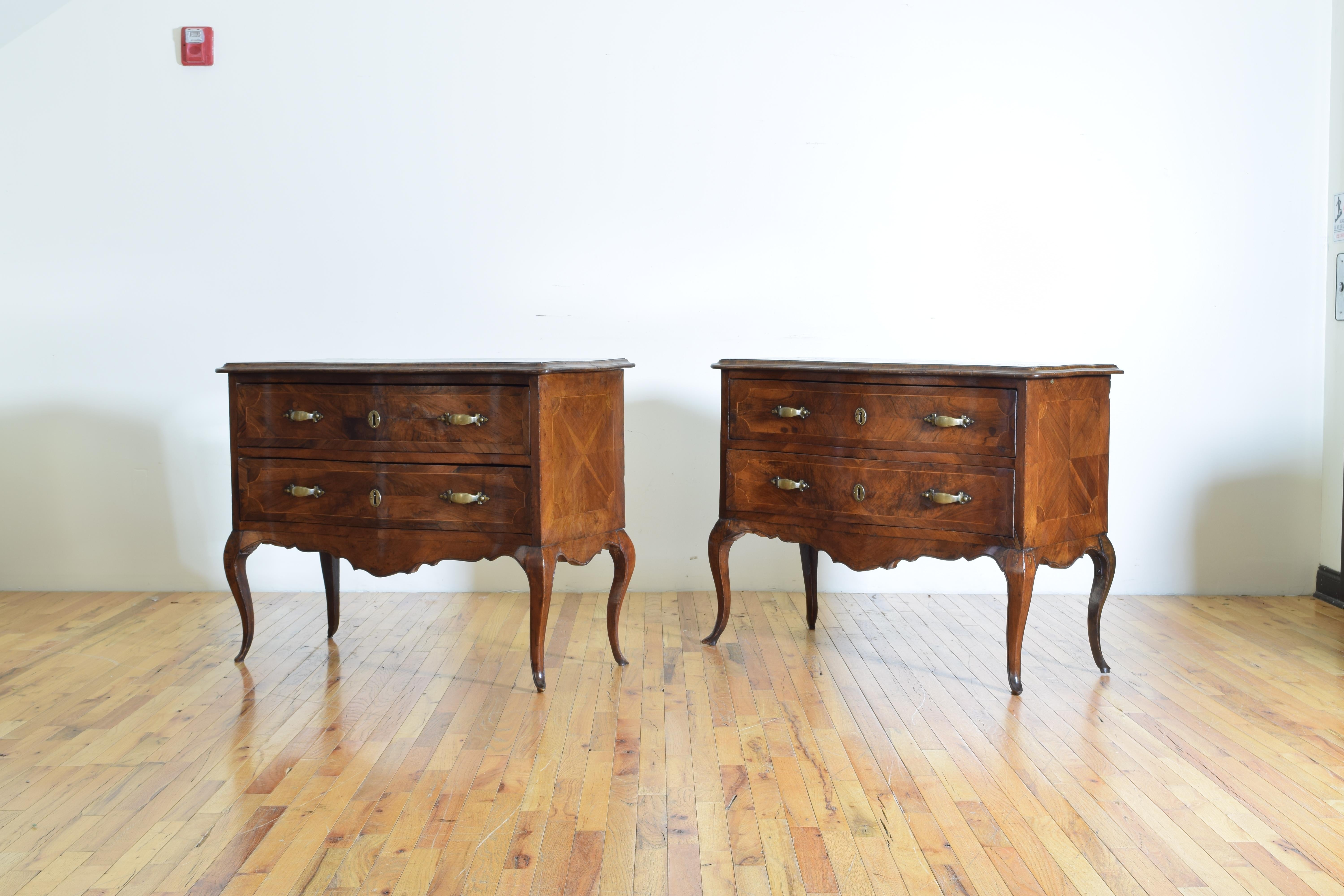 Pair of Italian Rococo Walnut and Olivewood 2-Drawer Commodes, Mid-18th Century 2