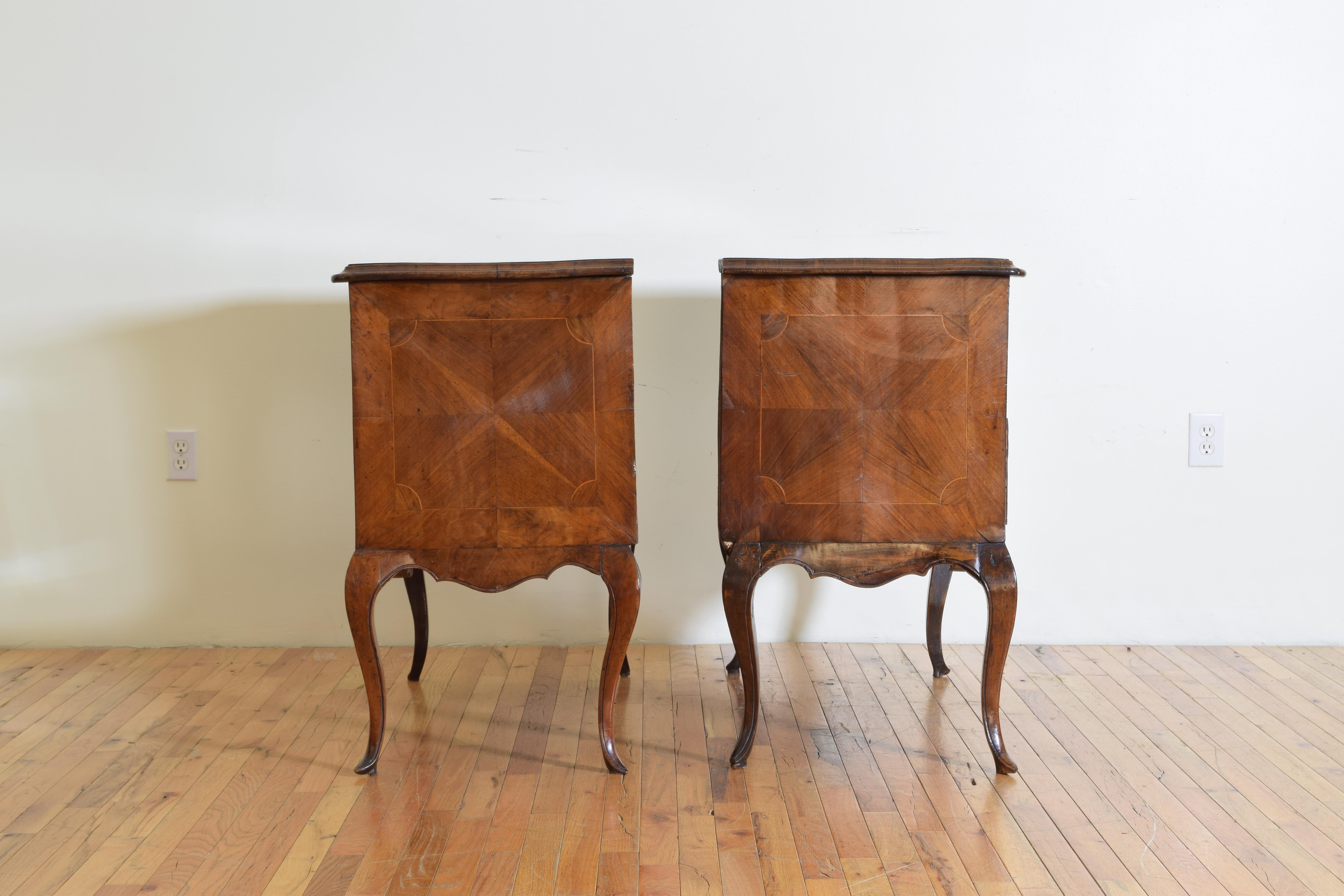 Pair of Italian Rococo Walnut and Olivewood 2-Drawer Commodes, Mid-18th Century 4