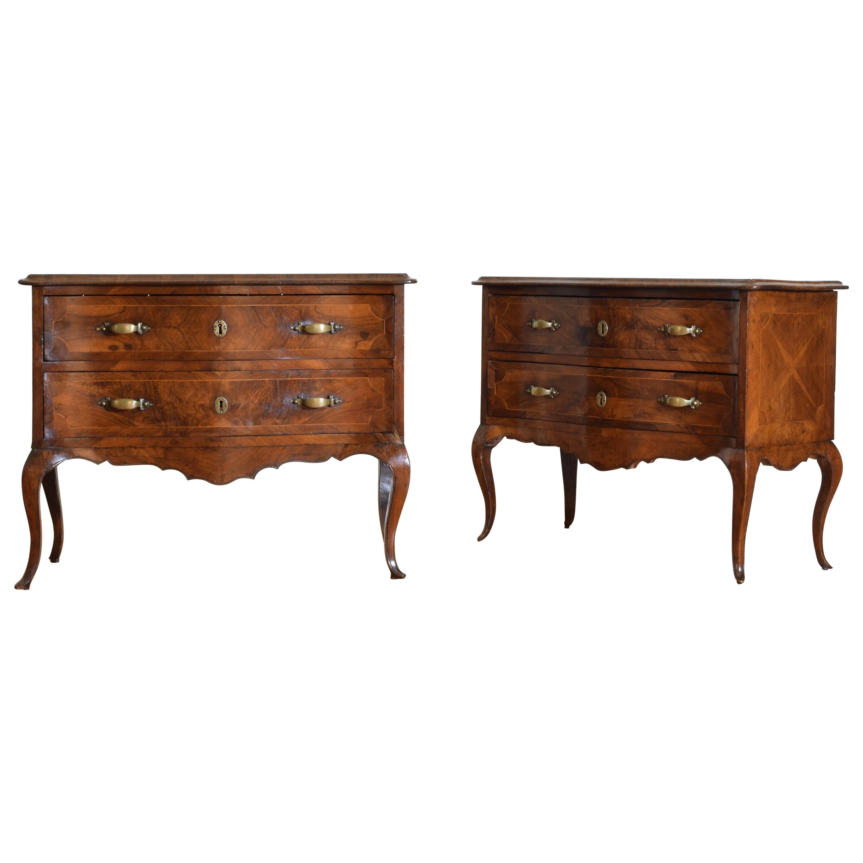Pair of Italian Rococo Walnut and Olivewood 2-Drawer Commodes, Mid-18th Century