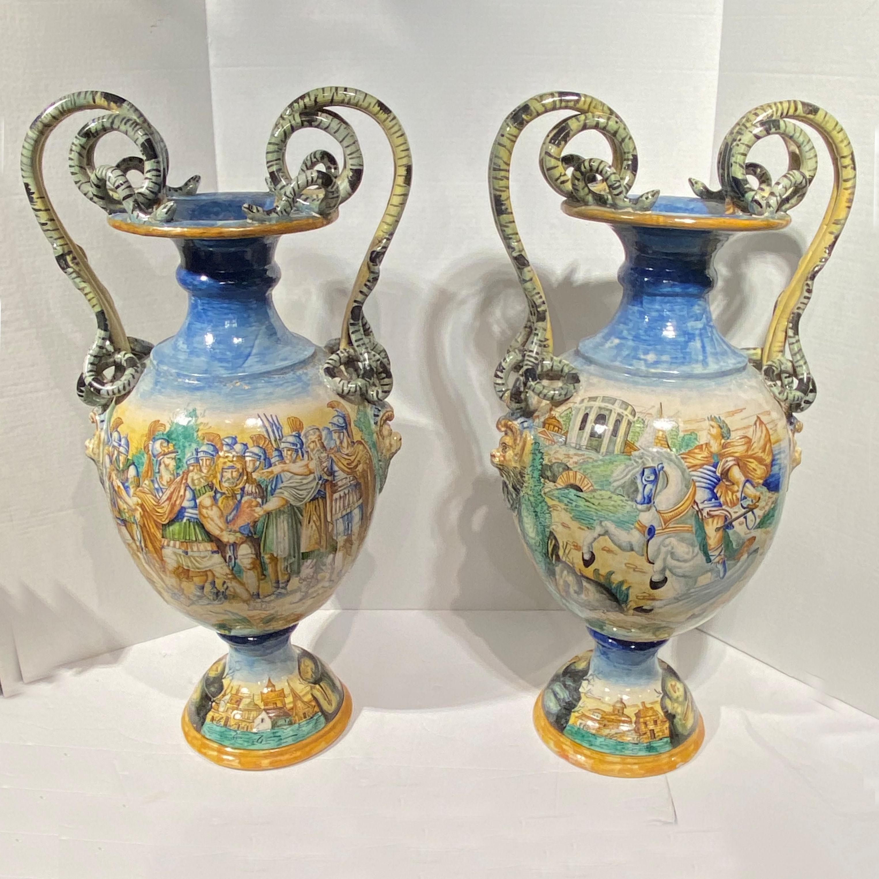 Pair of very fine quality and large 19 century Italian Roman Neoclassical Majolica Vases with snake form handles.