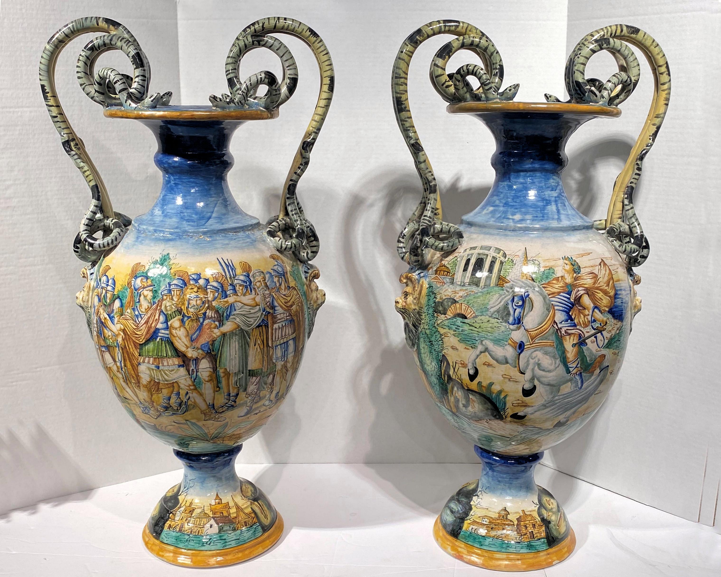 Hand-Painted Pair Italian Roman Neoclassical Majolica Vases