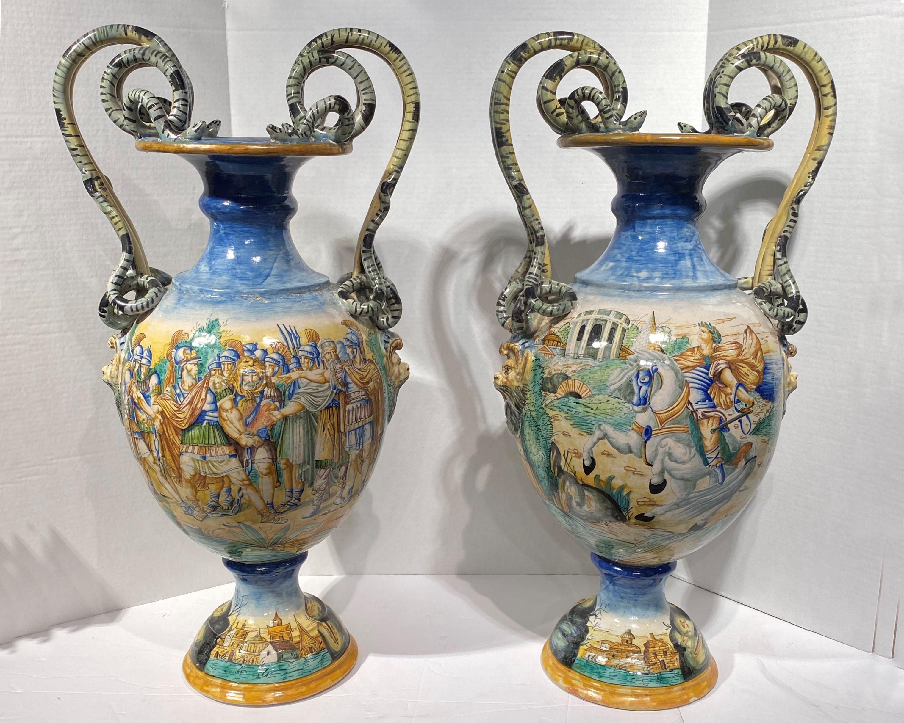 Pair Italian Roman Neoclassical Majolica Vases In Good Condition In New York, NY