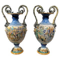 Pair Italian Roman Neoclassical Majolica Vases