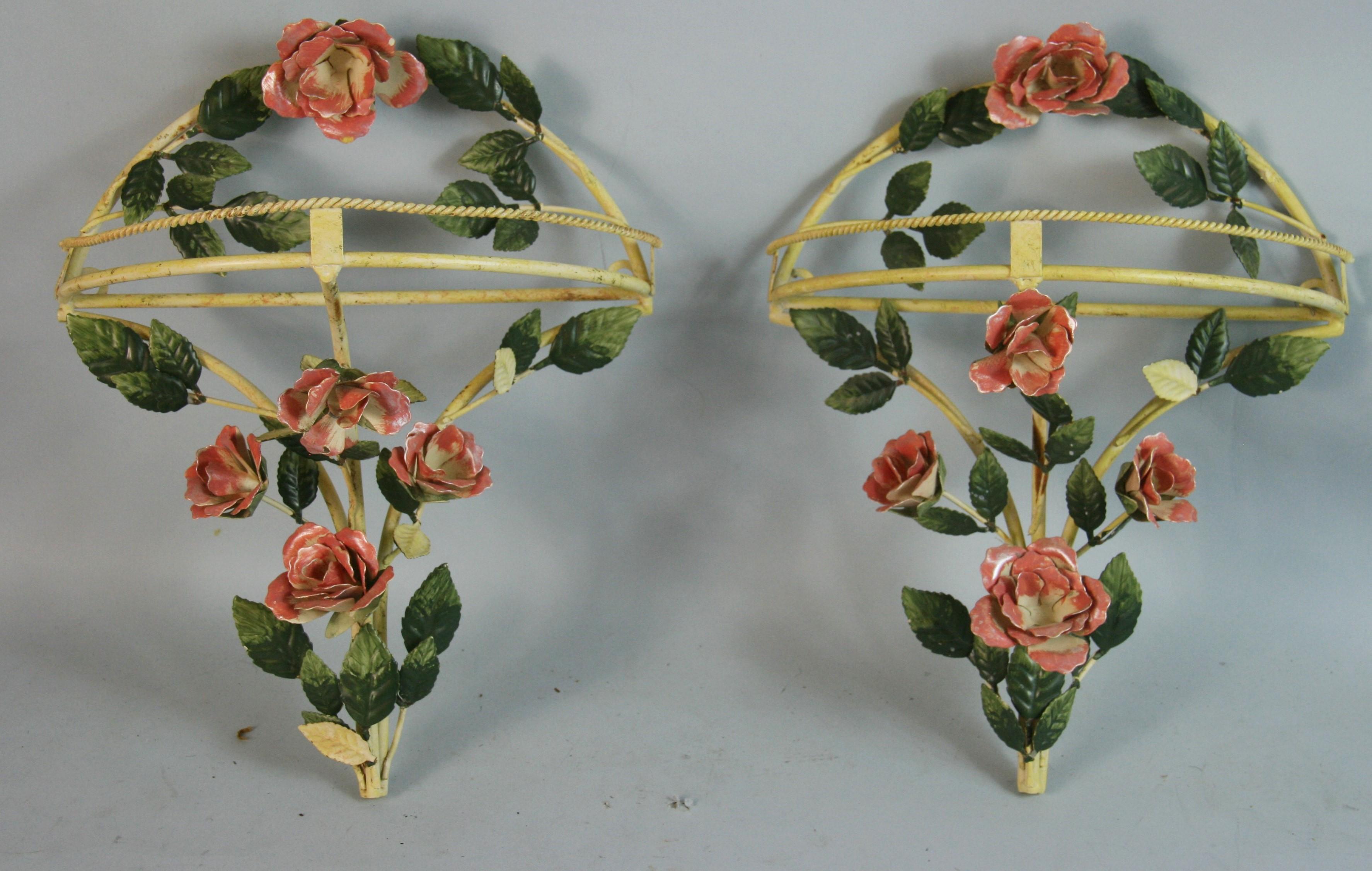 1467 Pair hand painted  flowers and leaves wall decorations