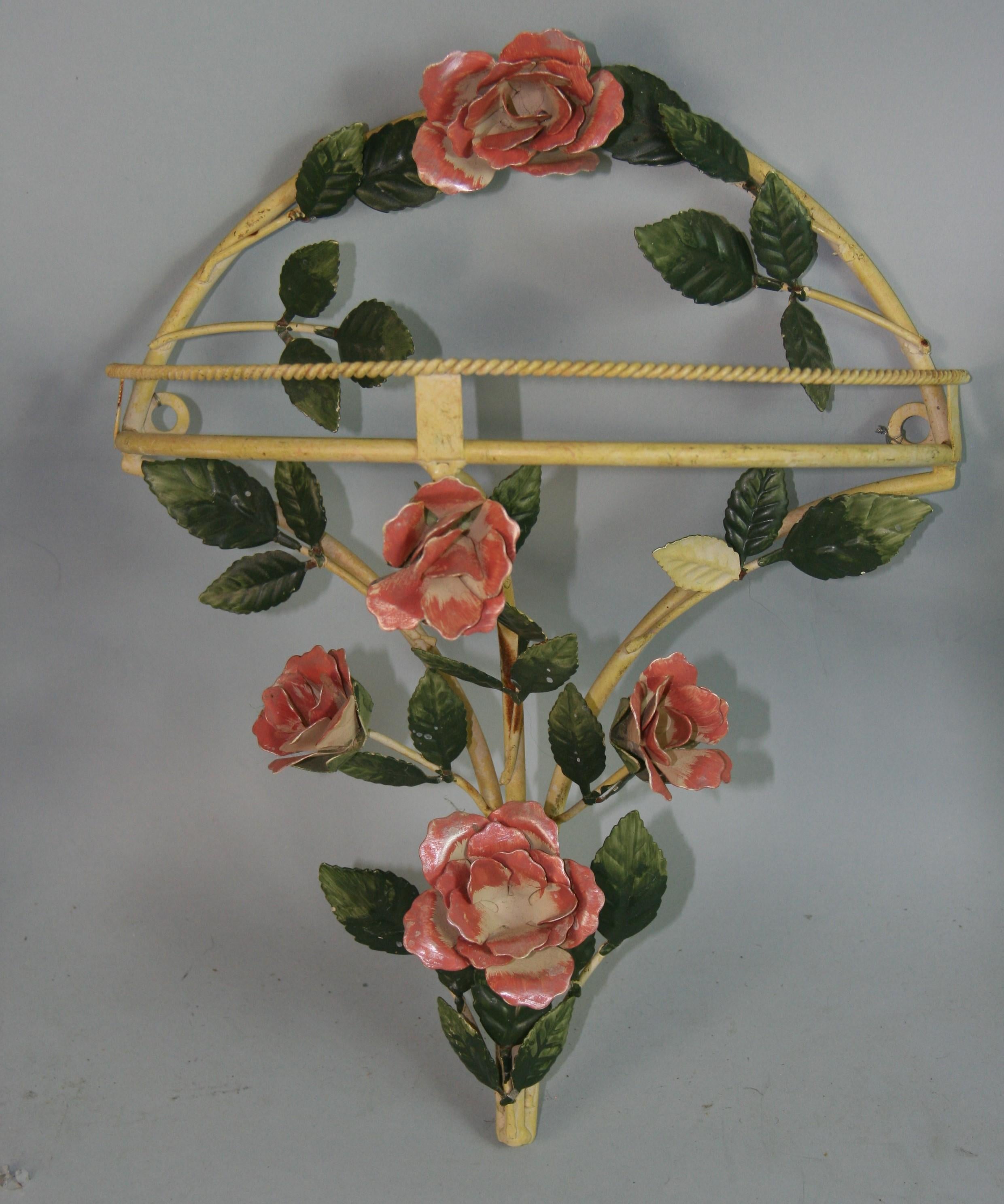 Pair Italian Roses and Leaves Wall Pockets/Decorations In Good Condition For Sale In Douglas Manor, NY