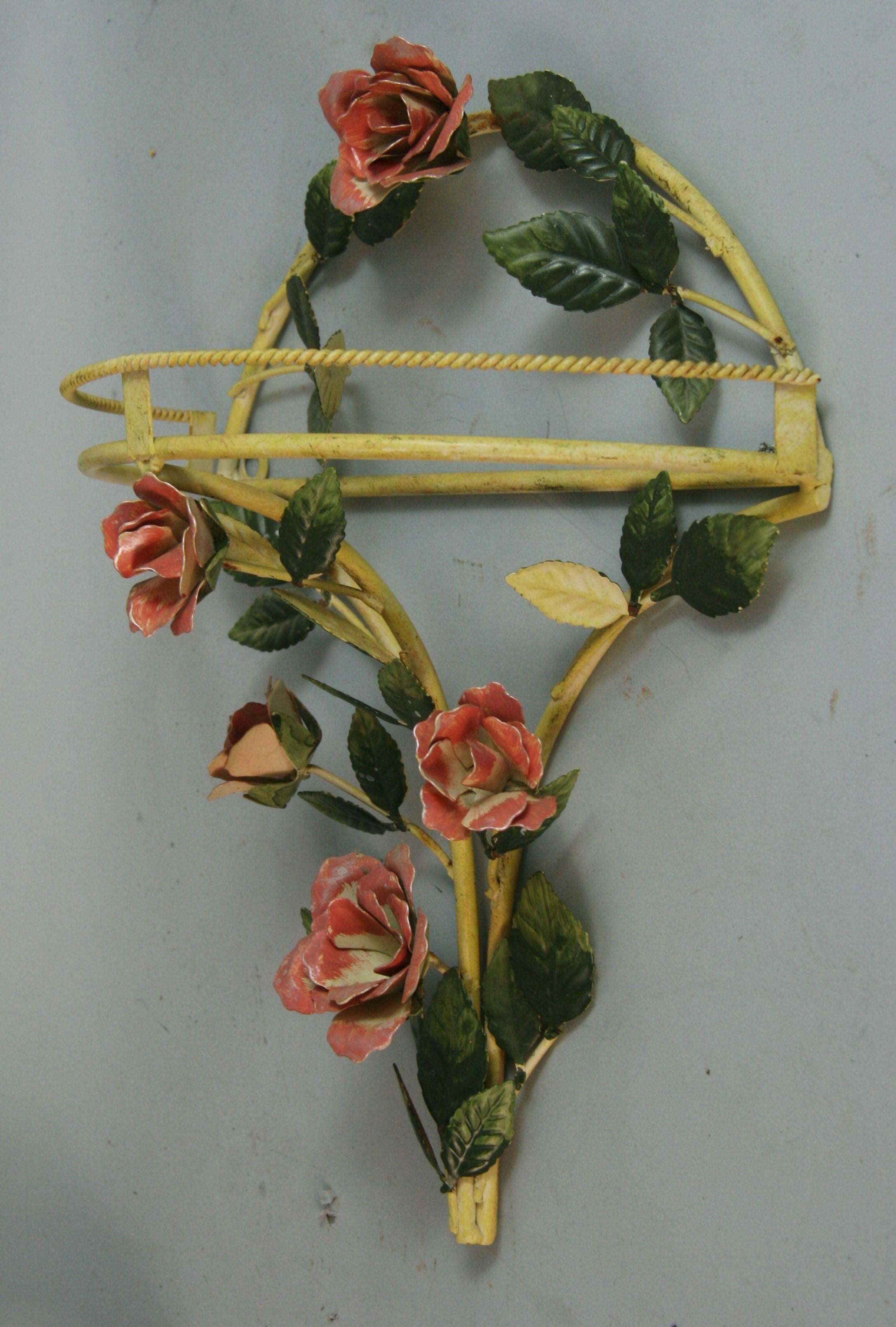 Pair Italian Roses and Leaves Wall Pockets/Decorations For Sale 1