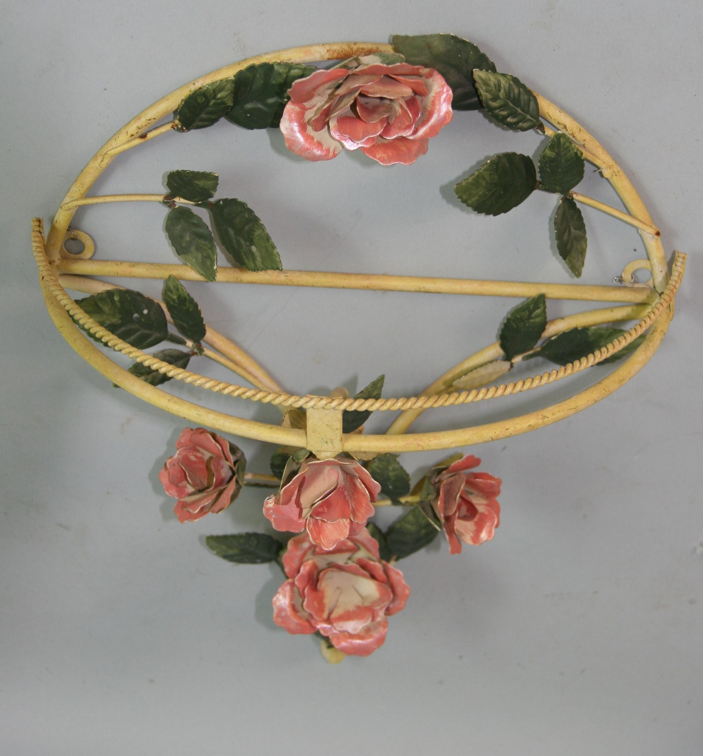 Pair Italian Roses and Leaves Wall Pockets/Decorations For Sale 3