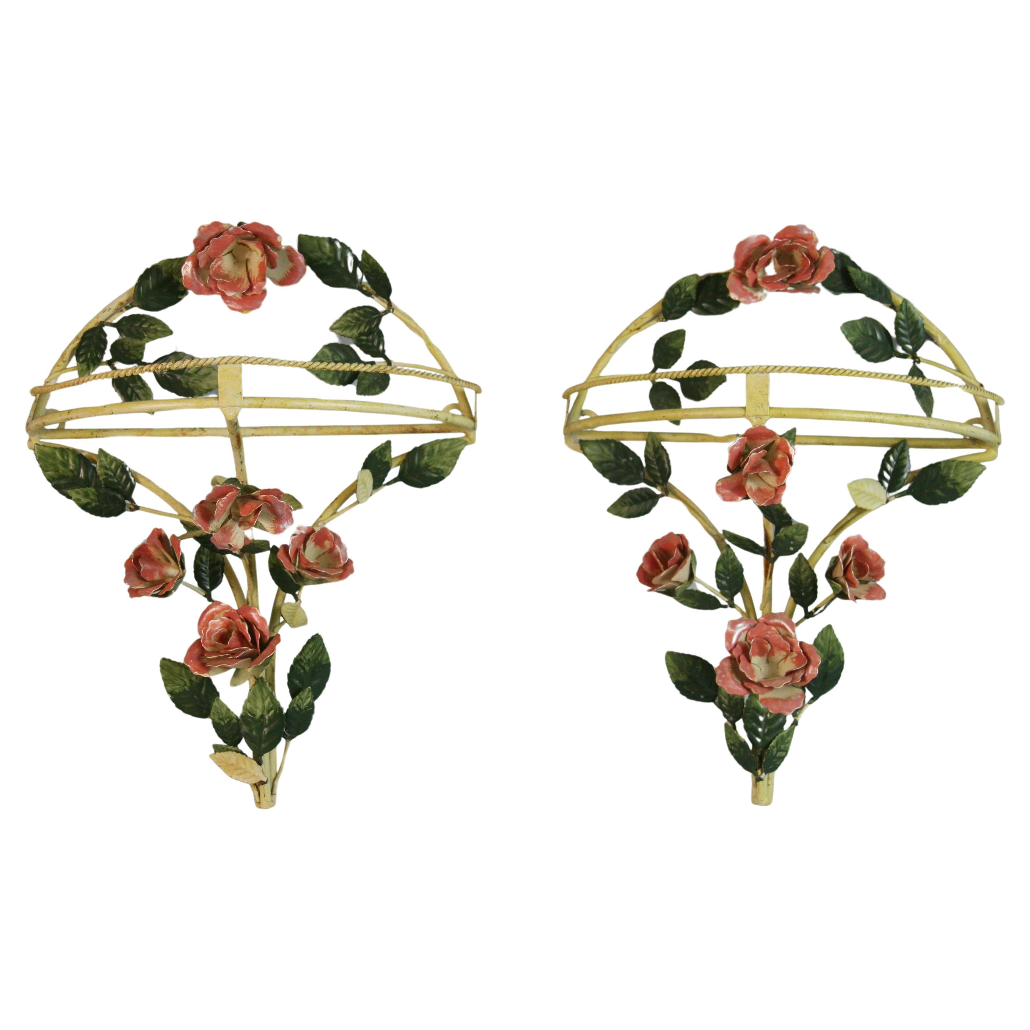 Pair Italian Roses and Leaves Wall Pockets/Decorations For Sale