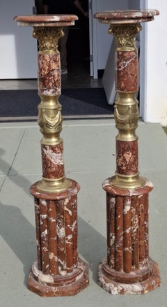 Pair Italian Rouge Royal Marble Gilt Bronze Corinthian Columns Pedestals