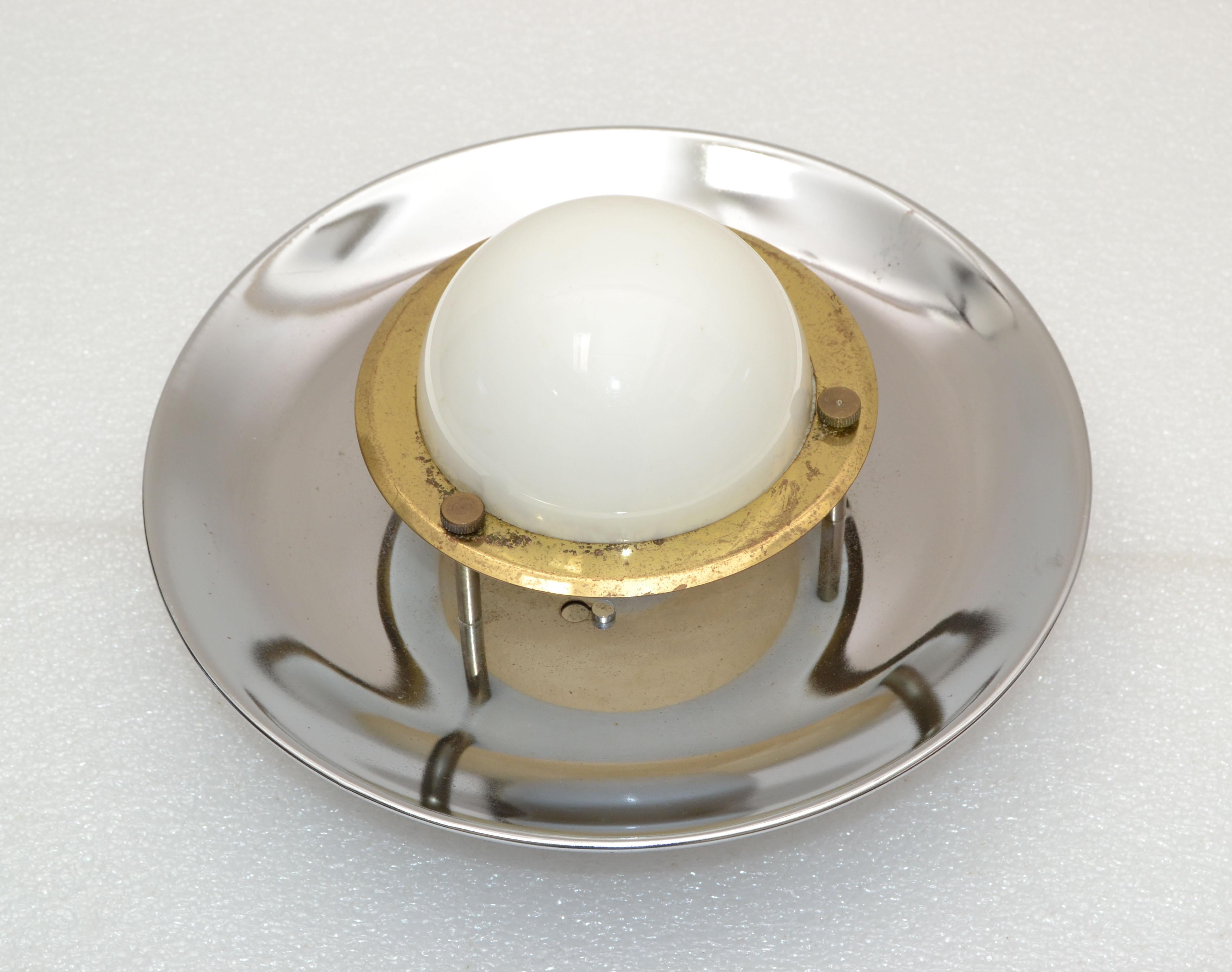 Pair, Italian Round Mid-Century Modern Chrome, Brass & Opaline Glass Sconces 70s For Sale 6
