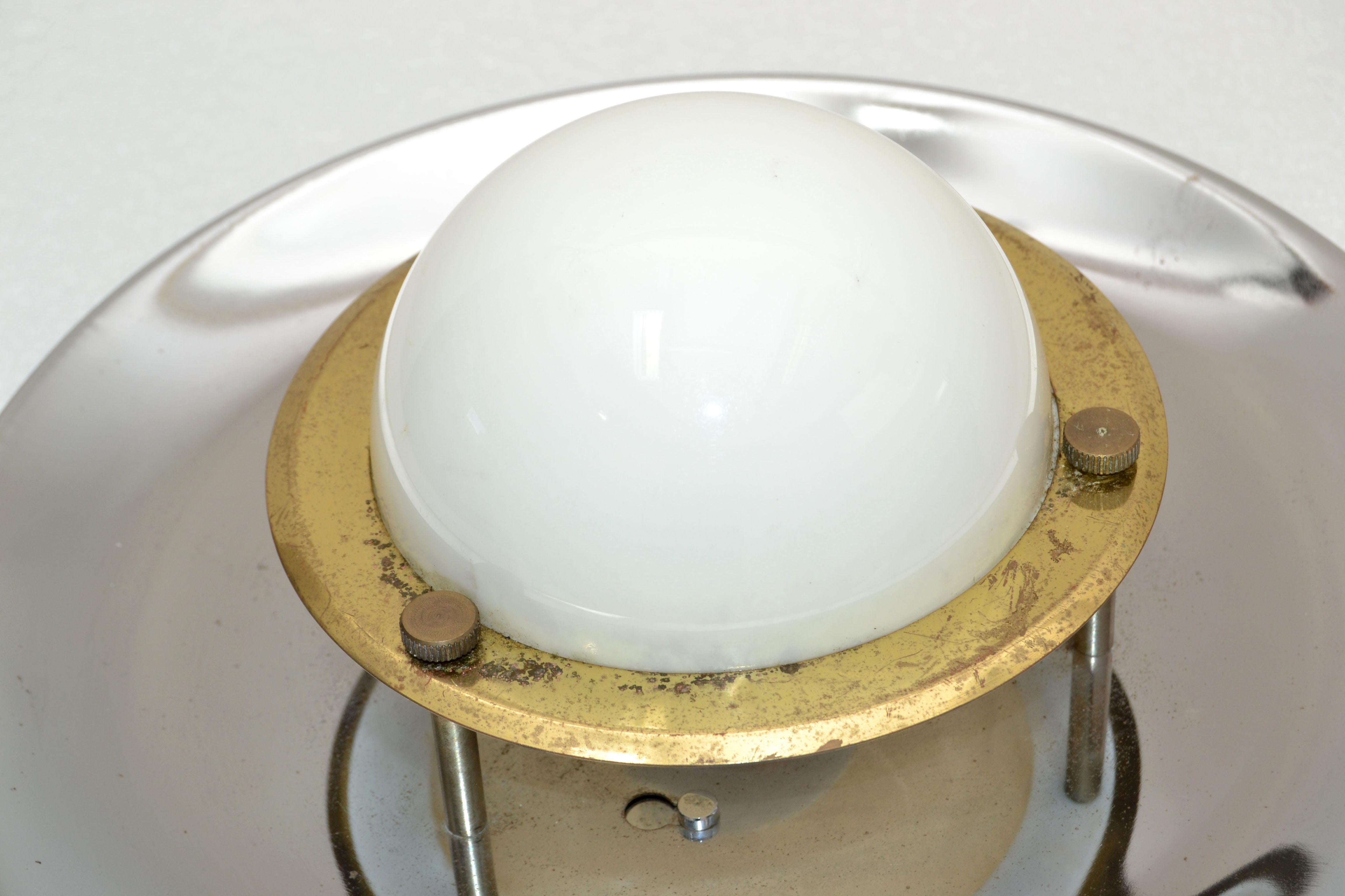 Pair, Italian Round Mid-Century Modern Chrome, Brass & Opaline Glass Sconces 70s For Sale 8