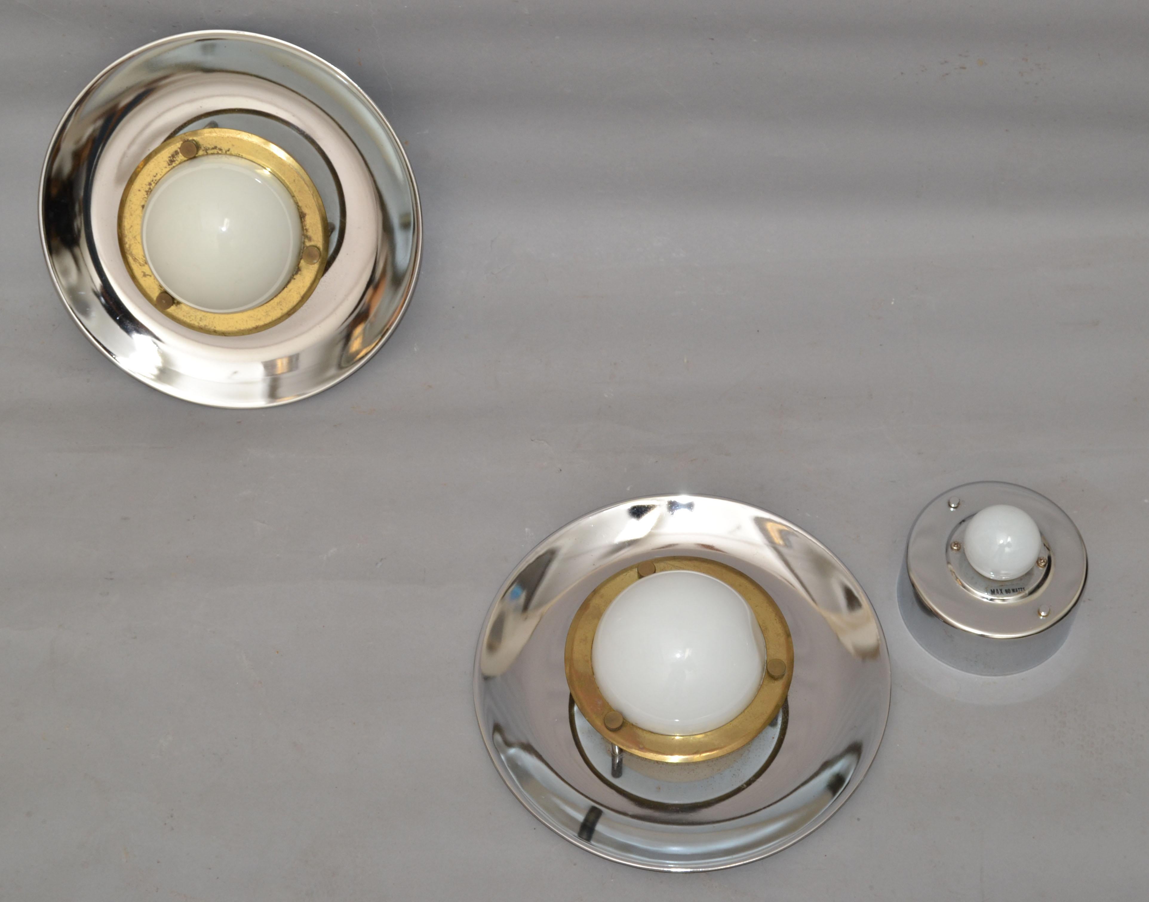 Pair, Italian Round Mid-Century Modern Chrome, Brass & Opaline Glass Sconces 70s For Sale 9