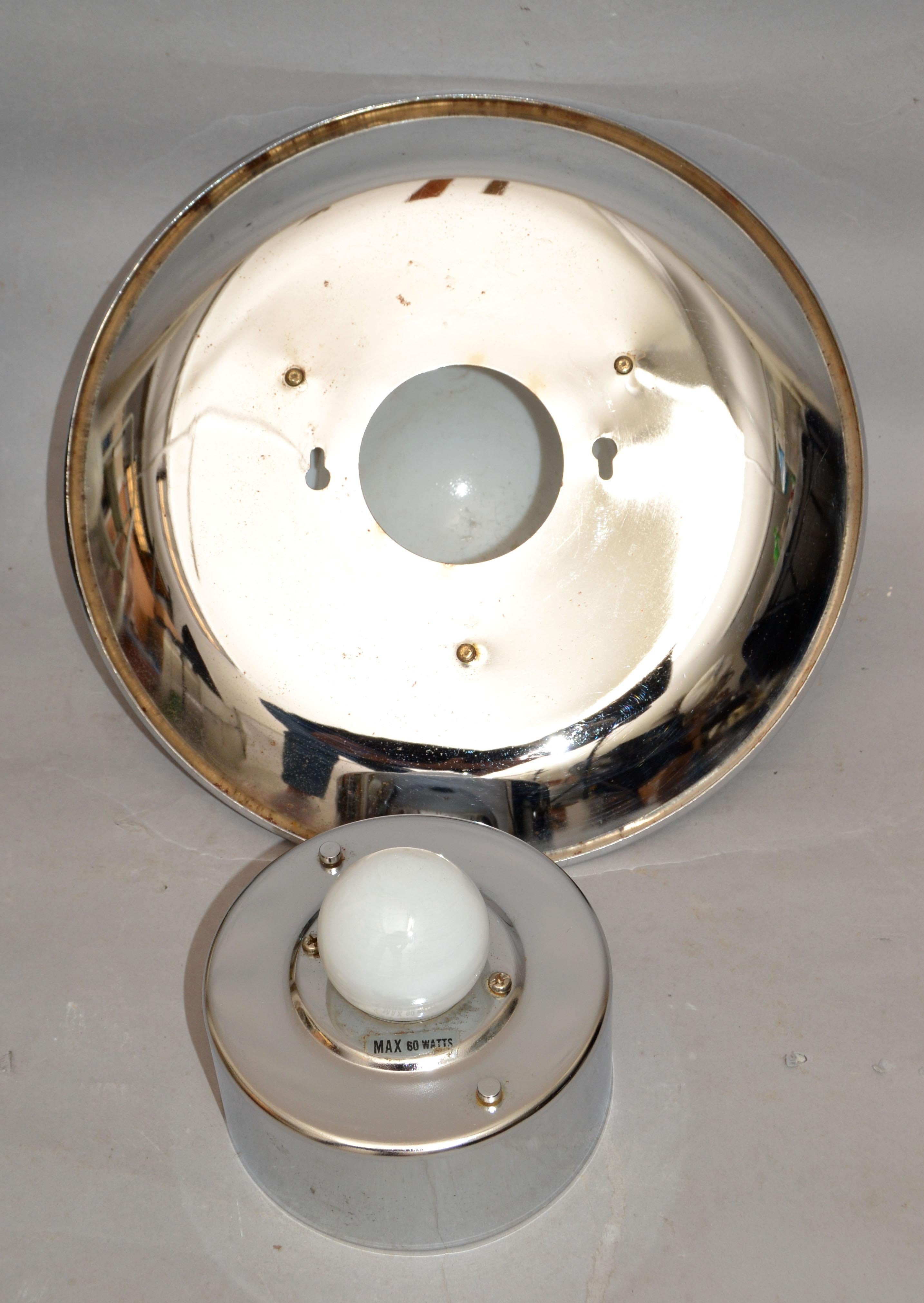 Pair, Italian Round Mid-Century Modern Chrome, Brass & Opaline Glass Sconces 70s For Sale 10