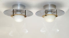 Pair, Italian Round Mid-Century Modern Chrome, Brass & Opaline Glass Sconces 70s