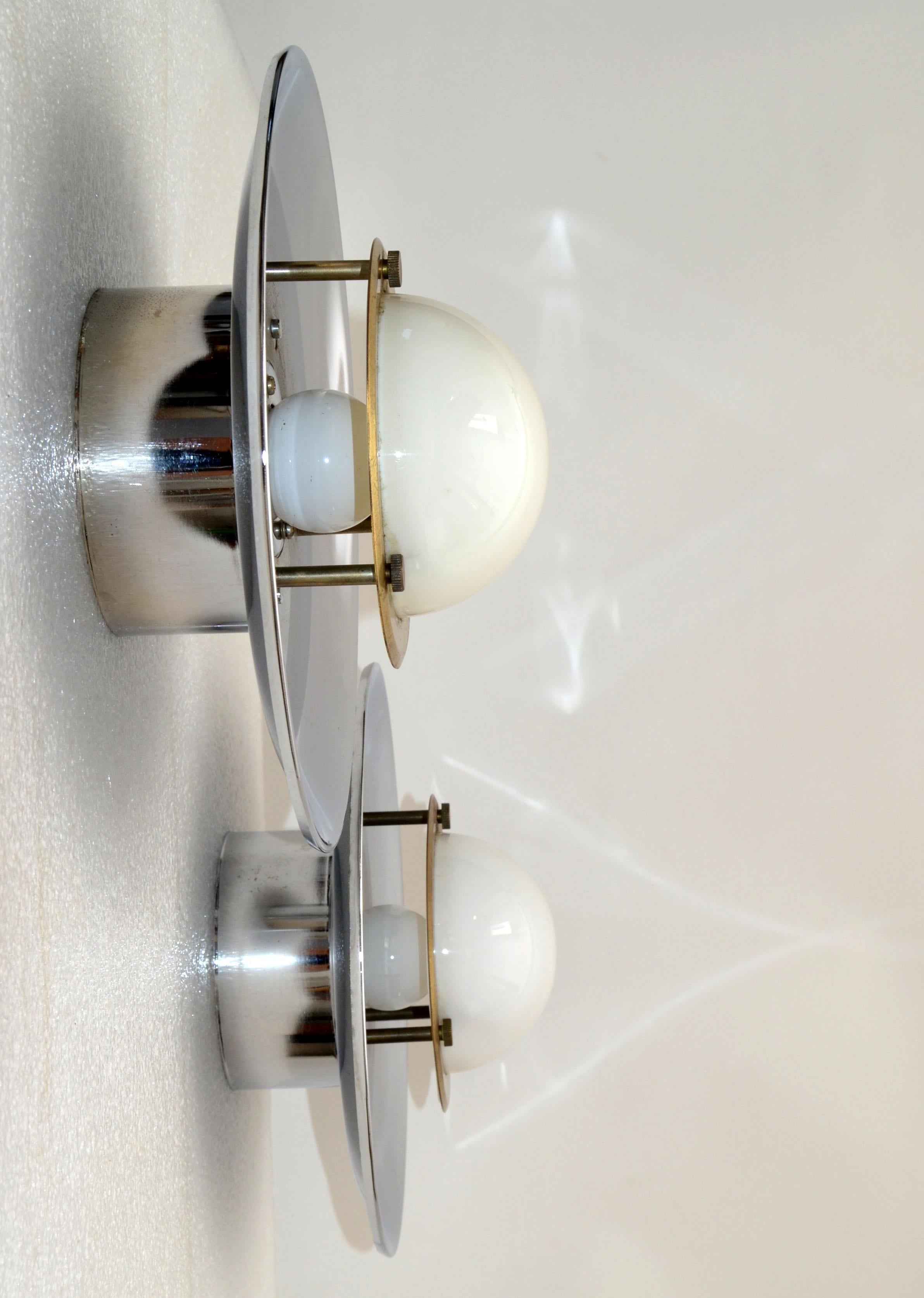 Pair, Italian Round Mid-Century Modern Chrome, Brass & Opaline Glass Sconces 70s In Good Condition For Sale In Miami, FL