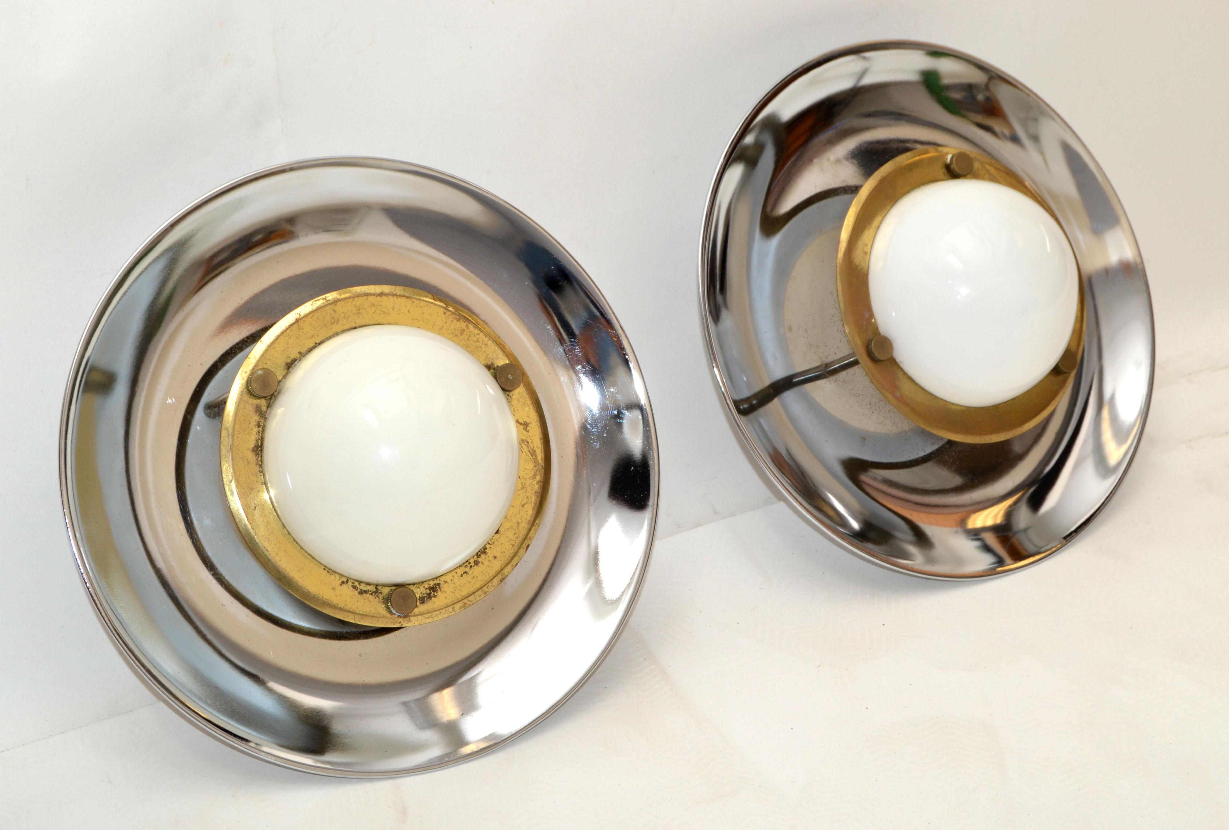 20th Century Pair, Italian Round Mid-Century Modern Chrome, Brass & Opaline Glass Sconces 70s For Sale