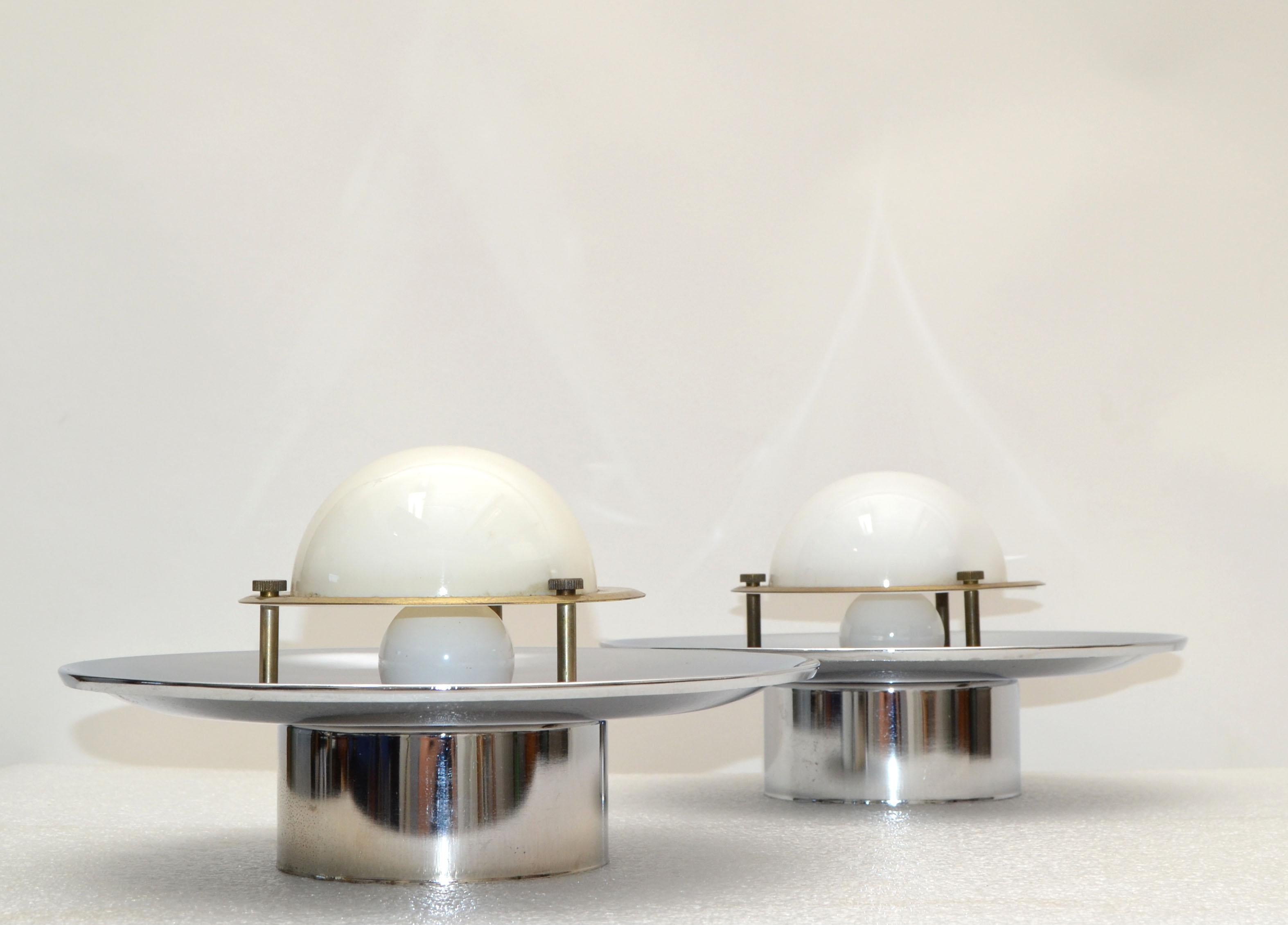 Pair, Italian Round Mid-Century Modern Chrome, Brass & Opaline Glass Sconces 70s For Sale 2