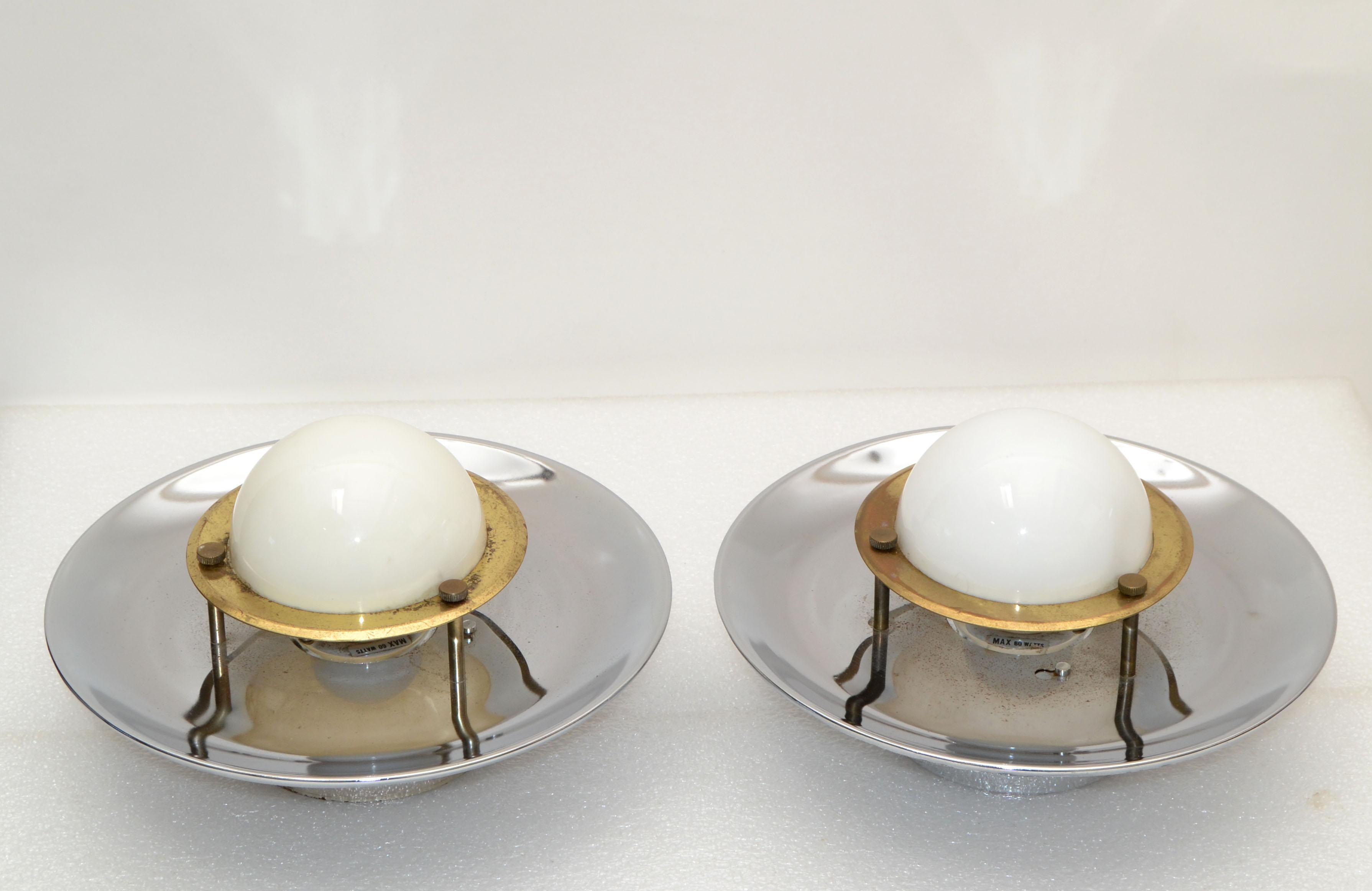 Pair, Italian Round Mid-Century Modern Chrome, Brass & Opaline Glass Sconces 70s For Sale 4