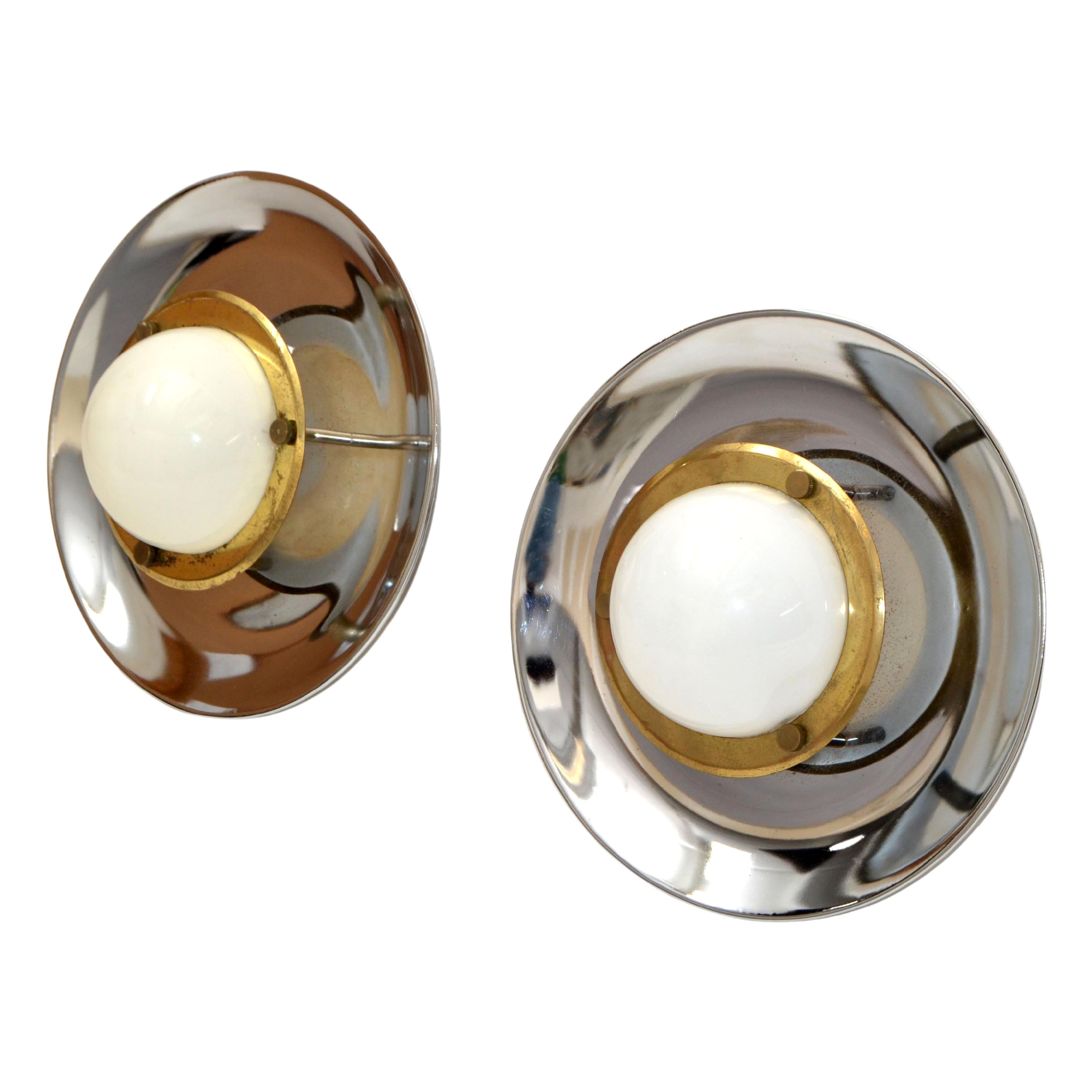 Pair, Italian Round Mid-Century Modern Chrome, Brass 
Opaline Glass Sconces 70s