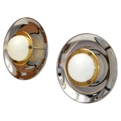 Pair, Italian Round Mid-Century Modern Chrome, Brass & Opaline Glass Sconces 70s