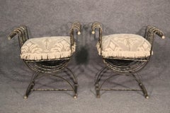 Pair Italian Savonarolla Wrought Iron Neoclassical Benches Stools