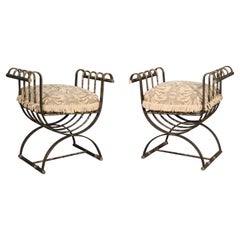 Pair Italian Savonarolla Wrought Iron Neoclassical Benches Stools