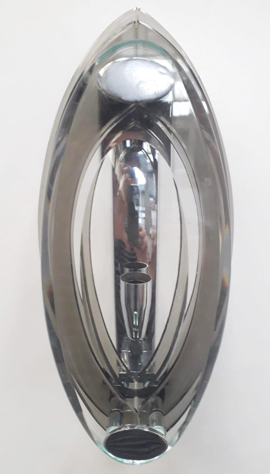 Pair Italian Sconces, Wall Lights, Smoky & Clear Oval Beveled Glass, Cristal Art In Good Condition For Sale In Los Angeles, CA