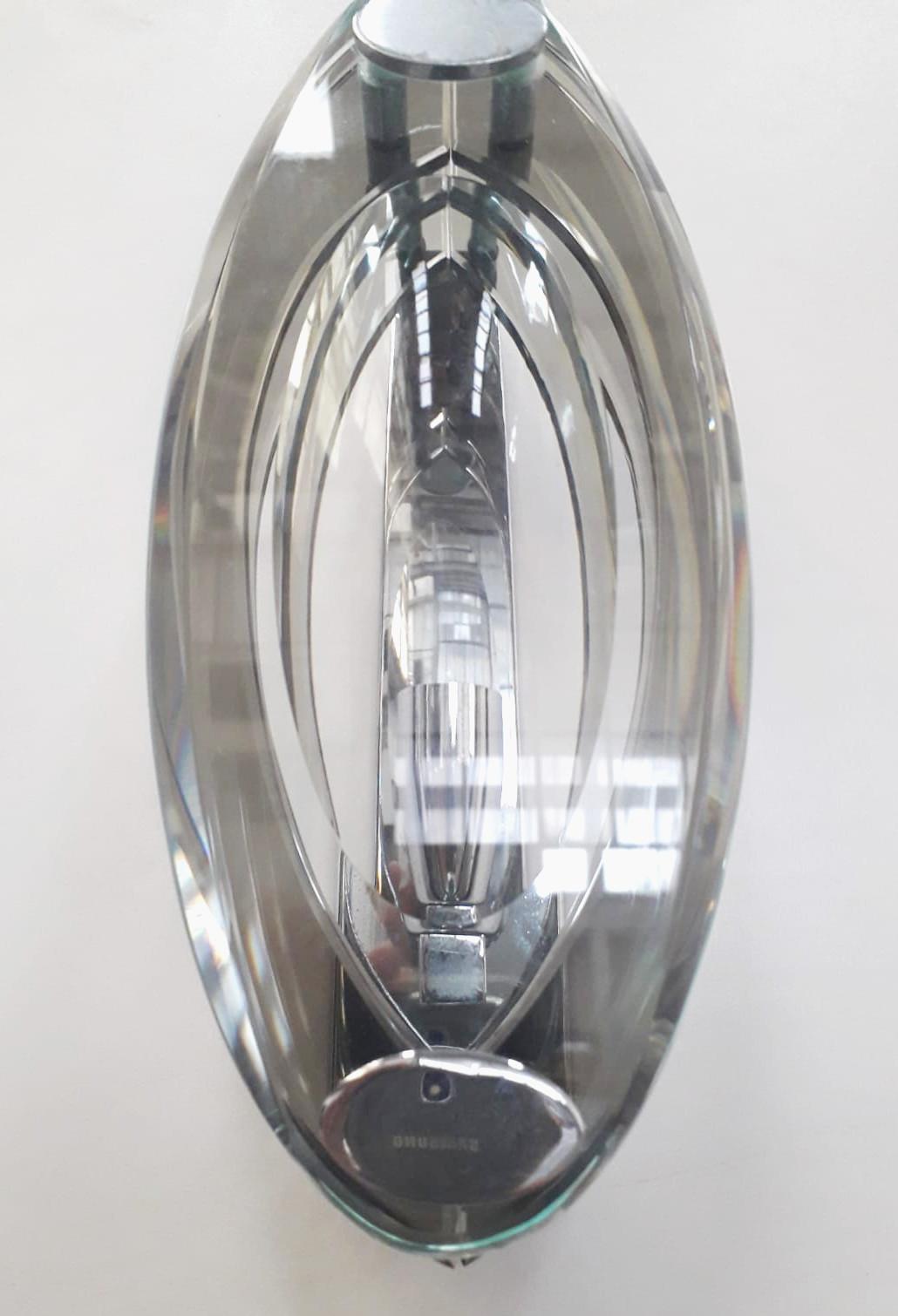 Pair Italian Sconces, Wall Lights, Smoky & Clear Oval Beveled Glass, Cristal Art For Sale 1