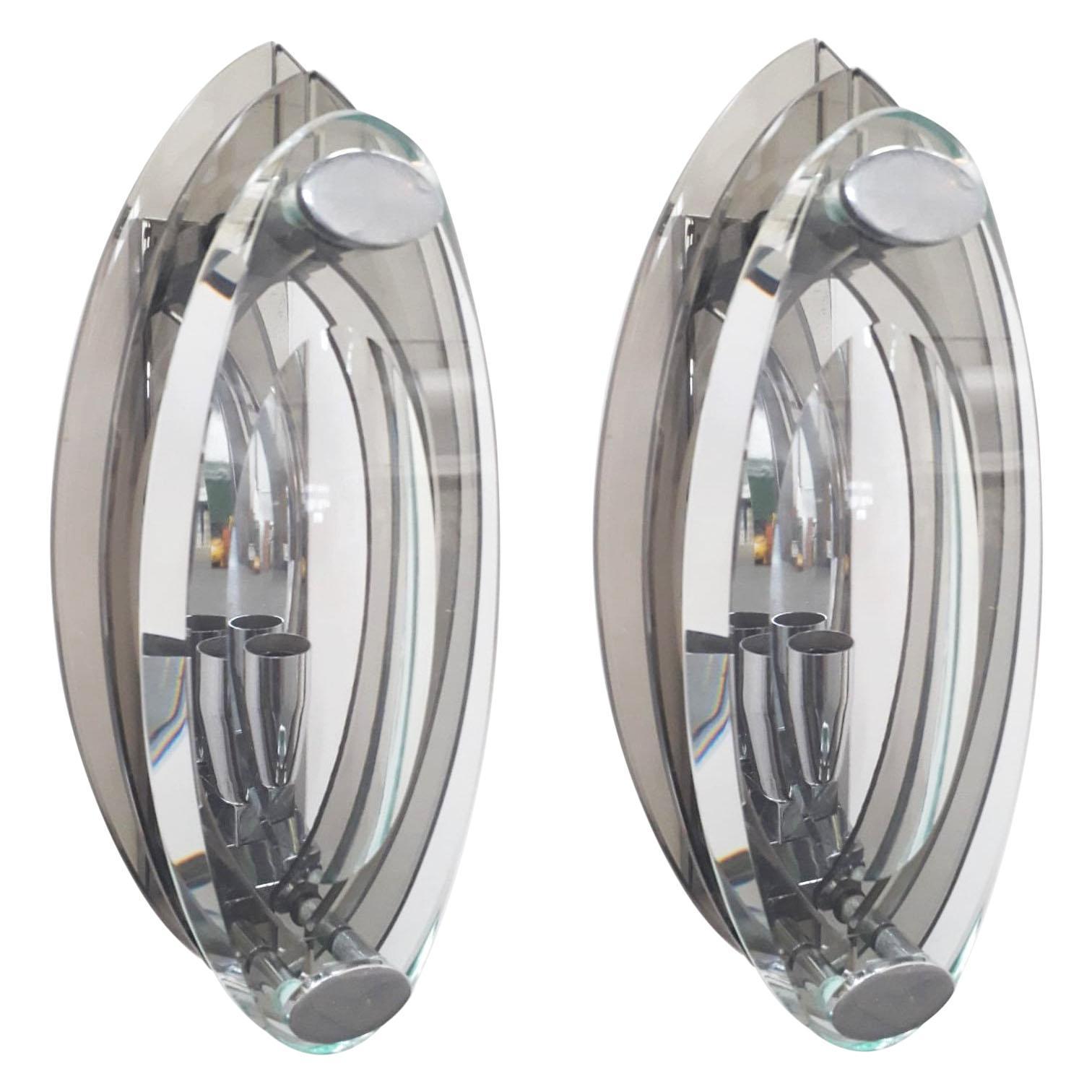 Pair Italian Sconces, Wall Lights, Smoky & Clear Oval Beveled Glass, Cristal Art