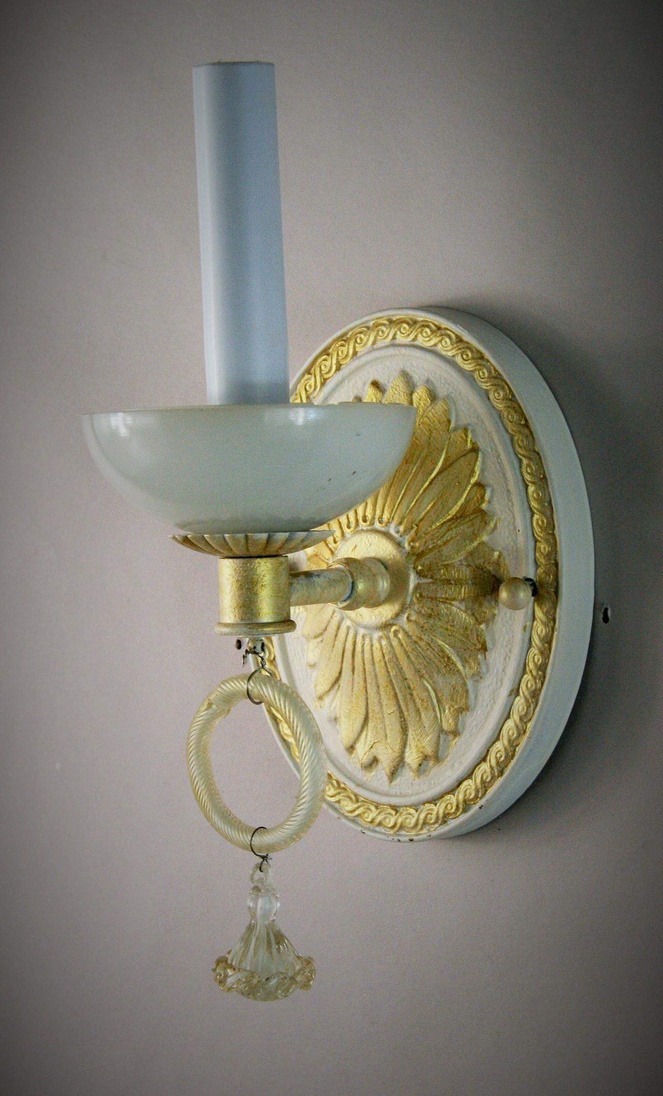 8-134 pair of Italian sconces painted white with gold details.
Made with Murano handmade glass and brass
Rewired.