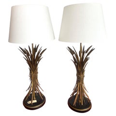 Paire de lampes de table italiennes en forme de gerbe de blé, dorées, années 1960
