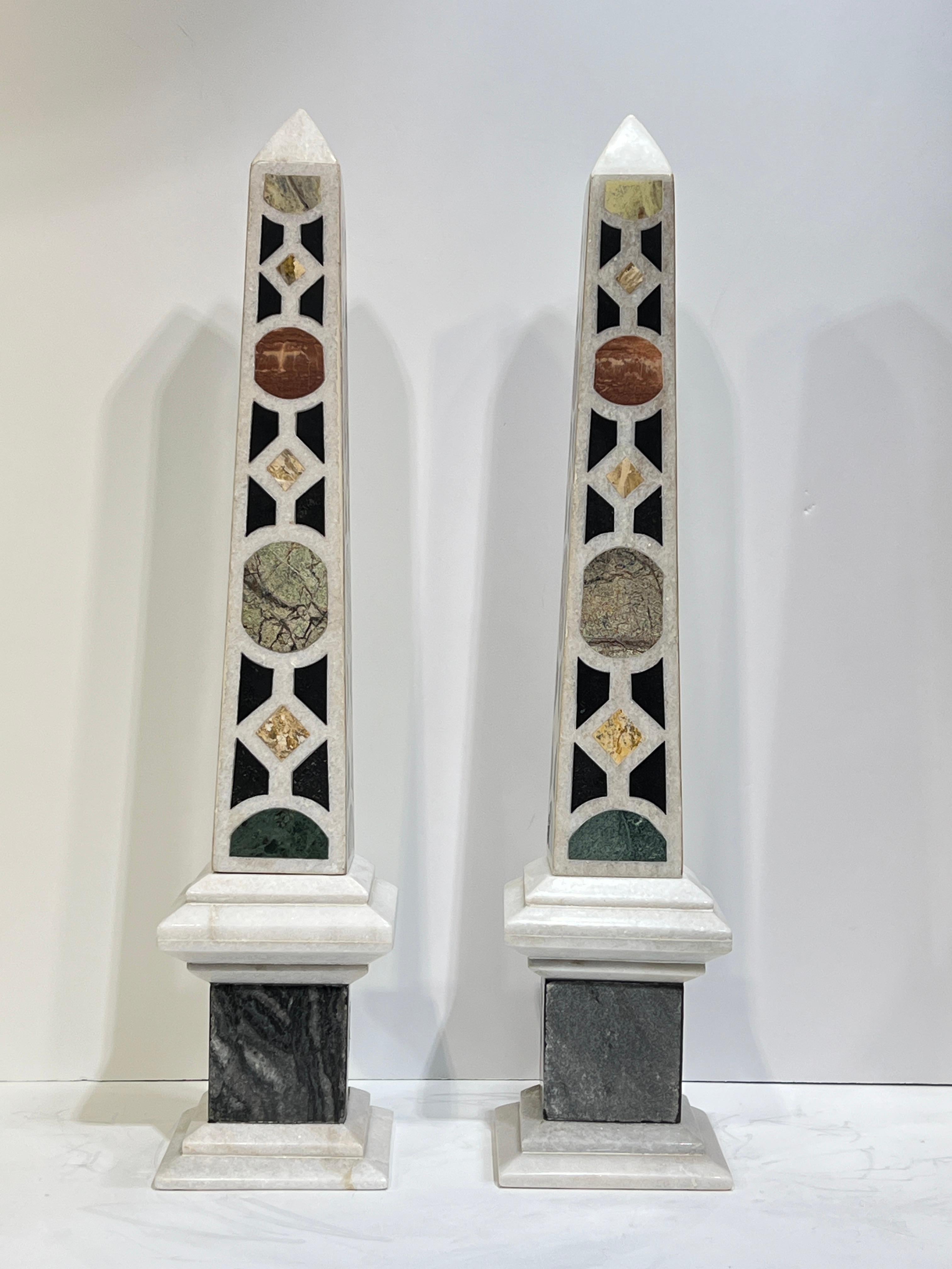 Intarsio Pair Italian Specimen Marble Obelisks in vendita