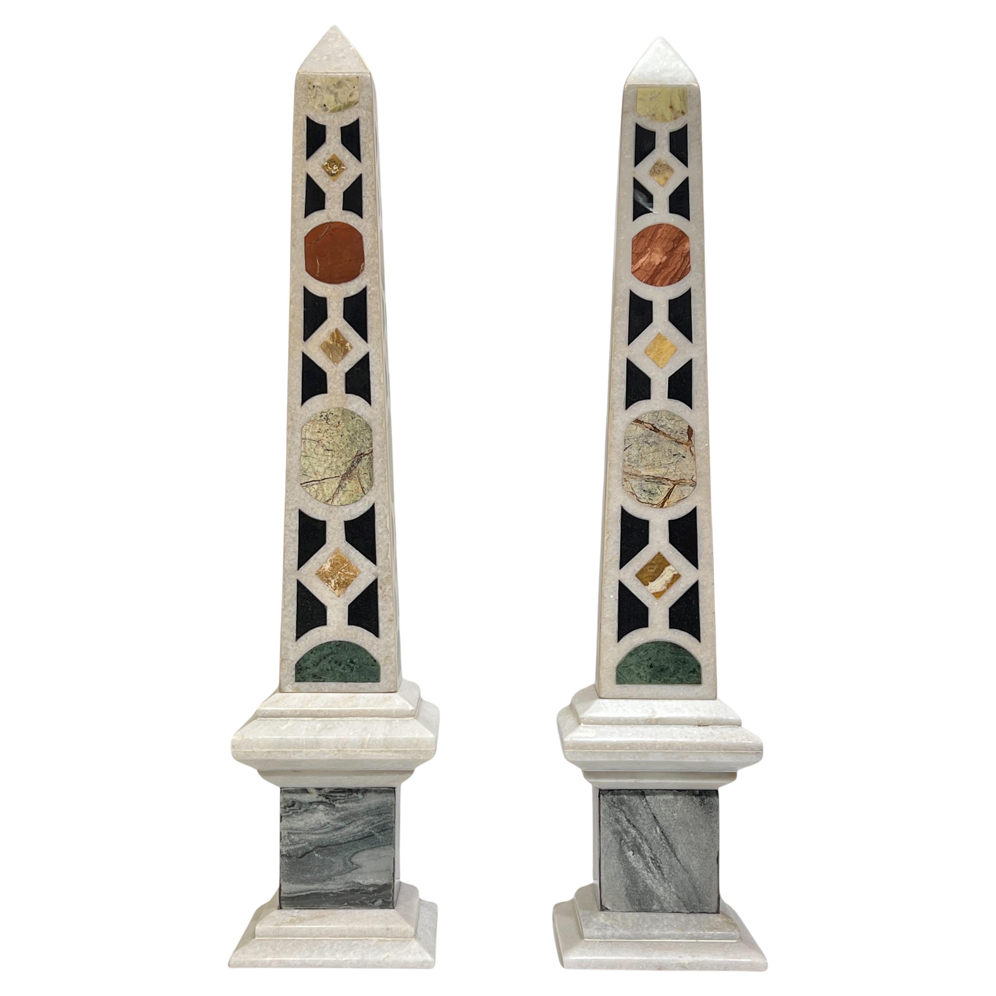 Pair Italian Specimen Marble Obelisks