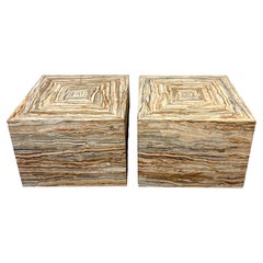 Pair Italian Specimen Travertino Oniciato Cube Side Tables, Style of Romeo Rega