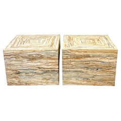 Pair Italian Specimen Travertino Oniciato Cube Side Tables, Style of Romeo Rega