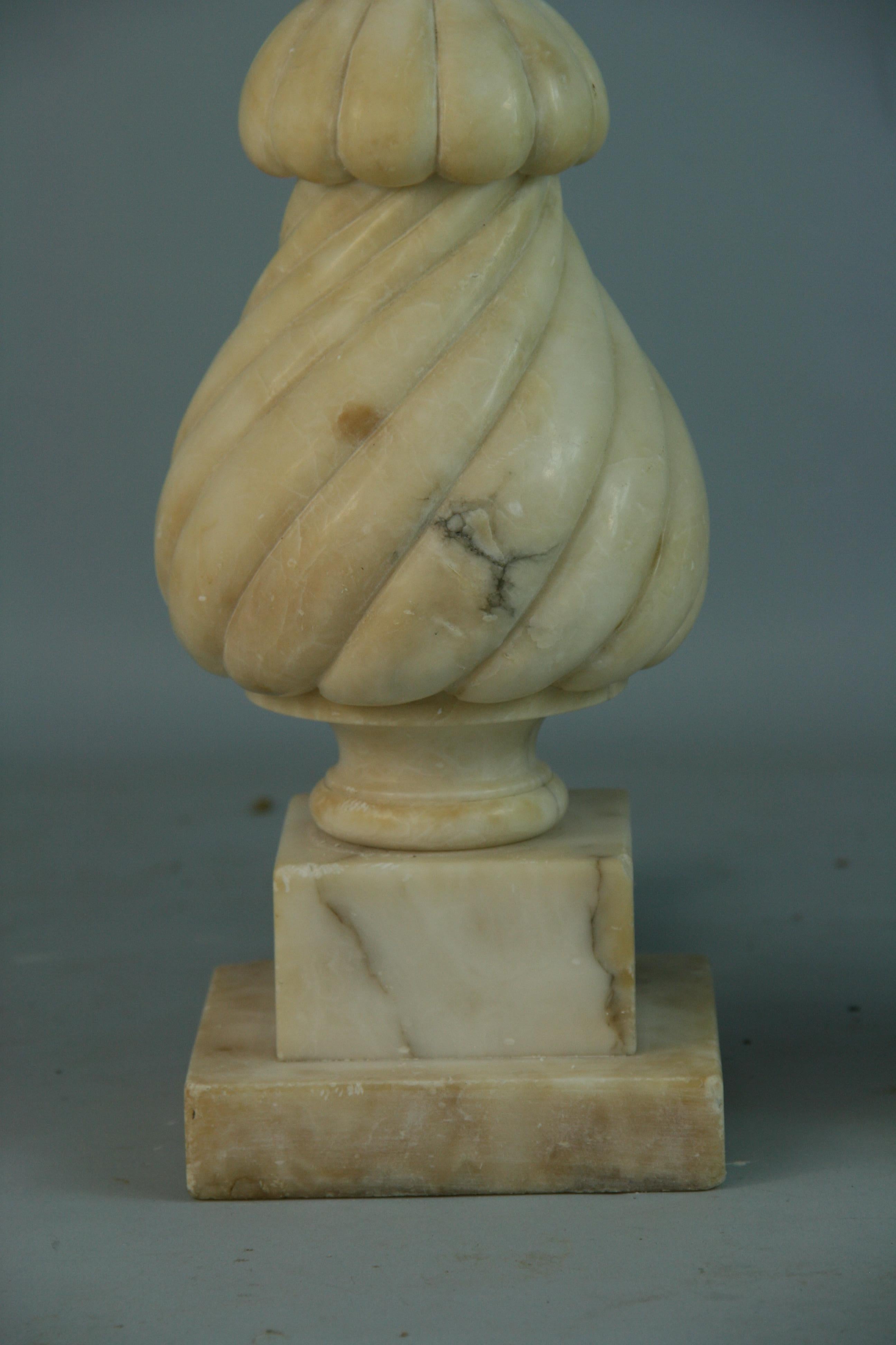 Pair Italian Spiral Hand  Carved Alabaster Lamps 1940's In Good Condition In Douglas Manor, NY