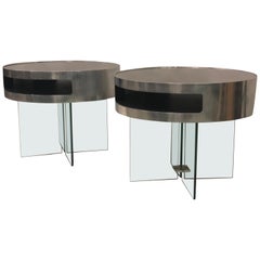 Pair of Italian Steel & Bronzed Glass Side / End Tables Max Ingrand Fontana Arte