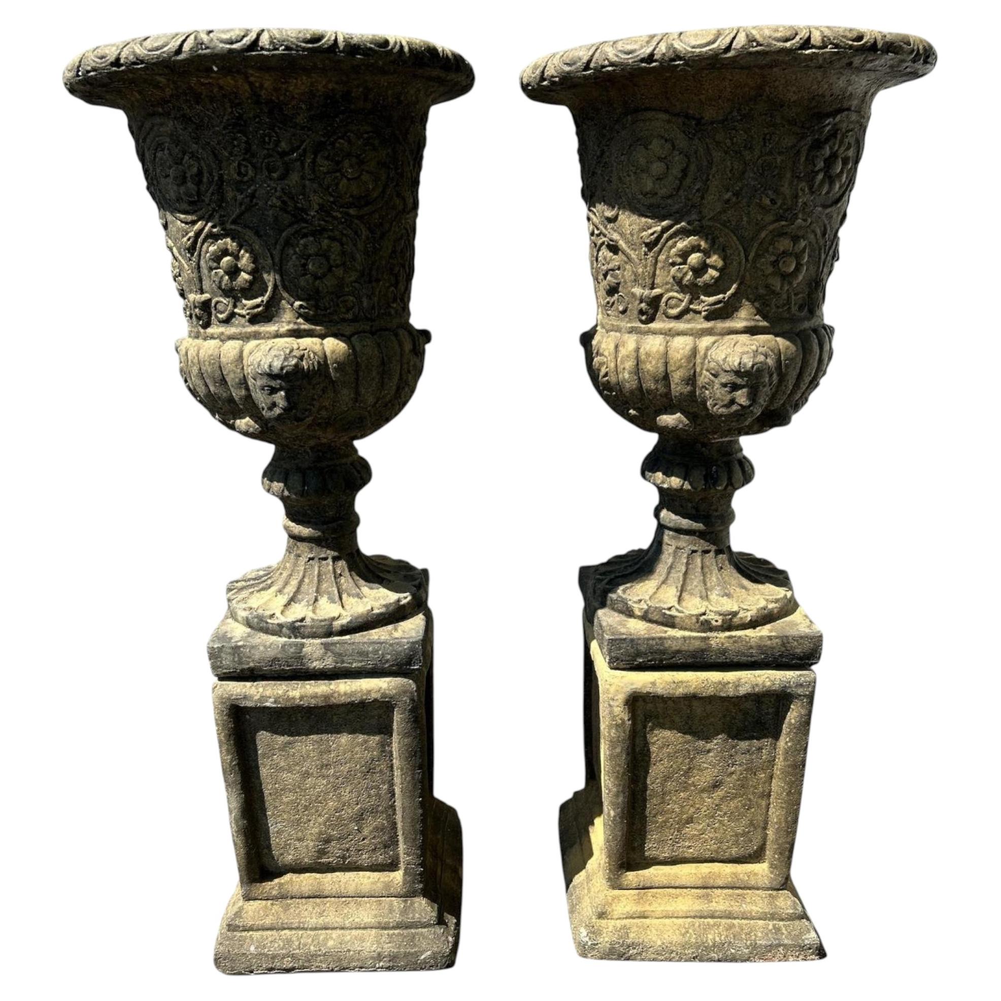 Pair Italian Stone Garden Urns Campana Renaissance For Sale
