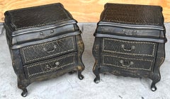 Pair Italian Style Black Lacquer Bombe & Nail Head Trim Nightstands/ End Tables