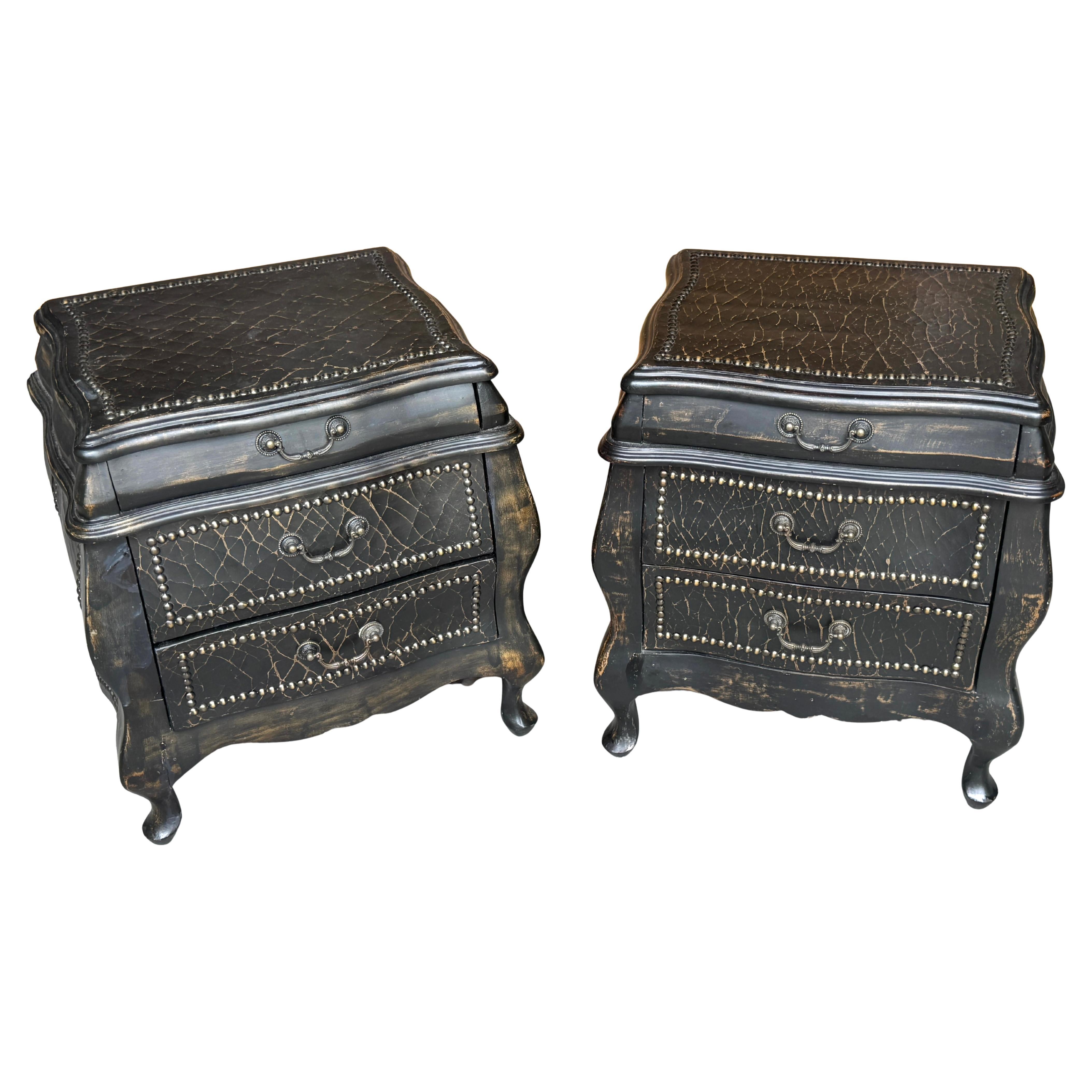 Pair Italian Style Black Lacquer Bombe & Nail Head Trim Nightstands/ End Tables