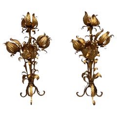 Pair Italian Table Lamps, Floral Design, Gold, Gilt