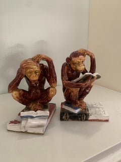 Pair Italian Terra Cotta Majolica Monkey Bookends