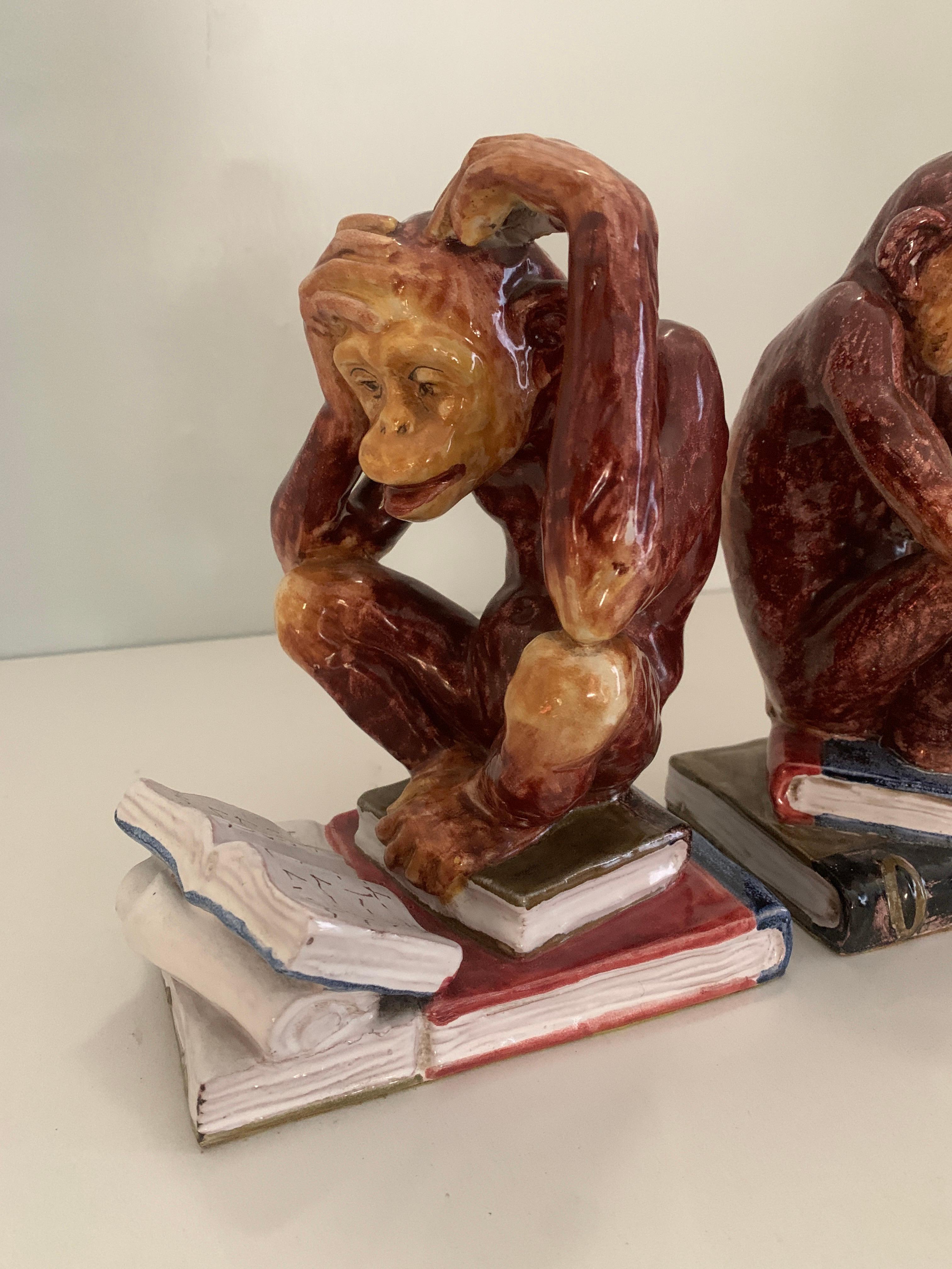 Pair Italian Terra Cotta Majolica Monkey Bookends  In Good Condition In Los Angeles, CA