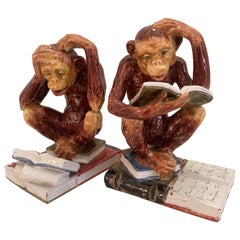 Pair Italian Terra Cotta Majolica Monkey Bookends 